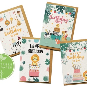Cartes en papier de graines de fleurs à planter A6 (lot de 4) - Animaux de la jungle - Anniversaire, salutation, cadeau, félicitations, écologique, biodégradable