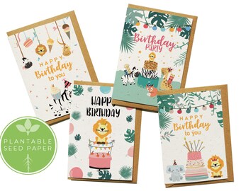 Plantable Flower Seed Paper Cards A6 (Pack of 4) - Jungle Animals - Birthday, Greeting, Gift, Congratulations, Eco-friendly, Biodegradable