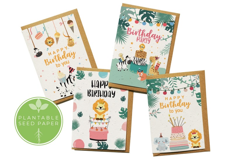 Plantable Flower Seed Paper Cards A6 Pack of 4 Jungle Animals Birthday, Greeting, Gift, Congratulations, Eco-friendly, Biodegradable image 1