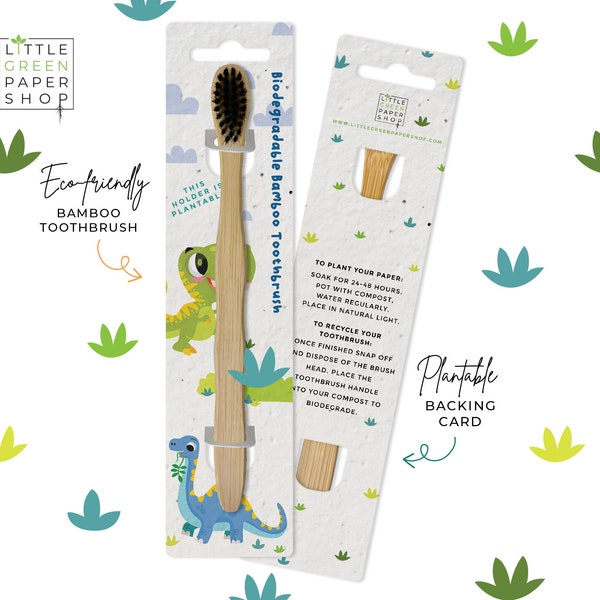 ECO-FRIENDLY TOOTHBRUSH - Bamboo and charcoal toothbrush with seed paper backing card - Dinosaurs