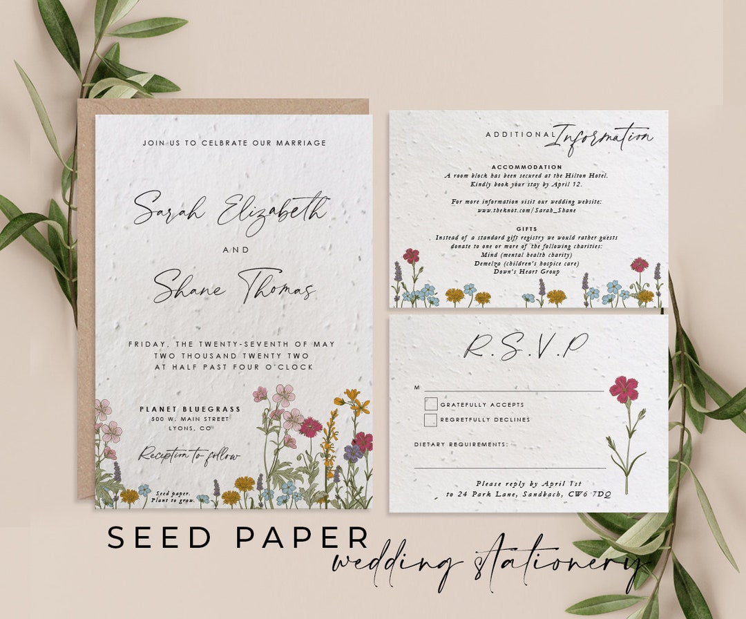 Traditional Seed Paper Wedding Invitations - Wildflower Seeded Papers Cut  To 5x7 With Charcoal Print