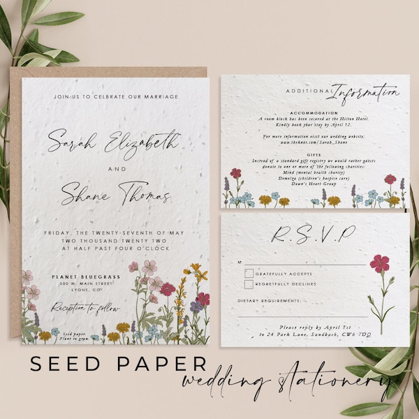 CARTE DE GRAINES DE MARIAGE, Cartes de graines plantables, Papeterie de mariage, Cartes de graines d’invitation de fleurs sauvages avec enveloppes, 100% biodégradable