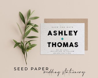Plantable SEED PAPER Eco-friendly Sustainable Biodegradable Wedding Save the Date Invitation - Letterpress