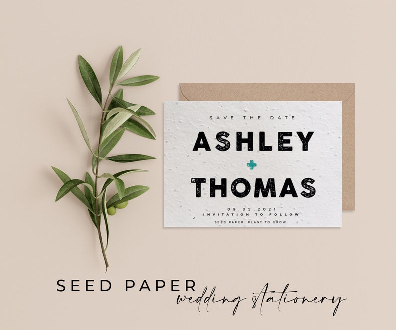 Plantable SEED PAPER Eco-friendly Sustainable Biodegradable Wedding Save the Date Invitation Letterpress image 1