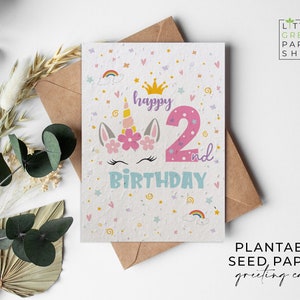 Cartões de papel de sementes de flores plantáveis A6 - Unicórnio de aniversário 2 - Aniversário, crianças, meninas, amigos, saudação, jardinagem, ecológico, biodegradável
