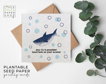 May include: A white plantable seed paper greeting card with a blue shark illustration and blue bubbles. The card reads "Any-fin is possible! Good luck on your exams!"