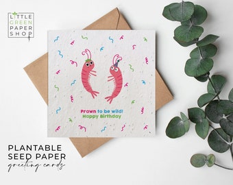 Può includere: Biglietto di auguri in carta di semi piantabile con un gambero di cartone rosa e rosso che indossa un cappello da festa. La carta ha il testo "Prawn to be wild! Happy Birthday".