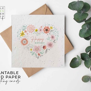 CARTE COEUR FLORAL, jolie carte d'anniversaire, cartes de graines à planter, cartes de joyeux anniversaire en papier de graines de fleurs sauvages avec enveloppes, biodégradable