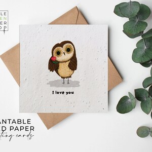 Papier de graines de FLEURS, cartes de papier de graines, carte de graines imprimées, cadeau de jardinage écologique - Je t'aime hibou