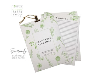 Eco-friendly Luxury Seed Paper Plantable 12 Month Calendar - Sustainable Yearly Planner - Green Blooms