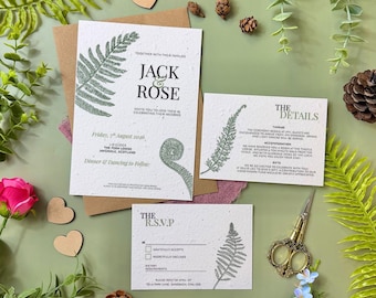 Plantable Wedding Invitations | Seed Paper Wedding Invites with Envelopes | Eco Friendly Biodegradable Stationery | Forest Ferns