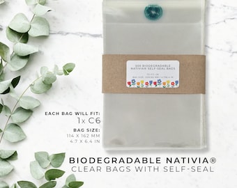 Biodegradable NATIVIA cello bags self seal- Eco-friendly starch cellophane presentation self glue gift clear to fit 1xC6 50 100 250 500 1000