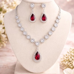 Royal Ruby Red Teardrop Necklace & Earrings Set brass metal lab created stone