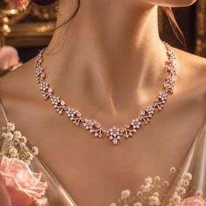 May include: A rose gold necklace featuring a floral-inspired design with alternating marquise-cut pink stones and round clear white crystals. The metal setting follows a delicate vine-like pattern that connects each flower and leaf-shaped element.