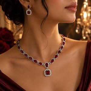 May include: A jewelry set consisting of a necklace and matching earrings. The necklace features a series of oval-shaped deep red stones surrounded by small clear crystals, with a larger square-shaped red stone pendant. Earrings match the design.