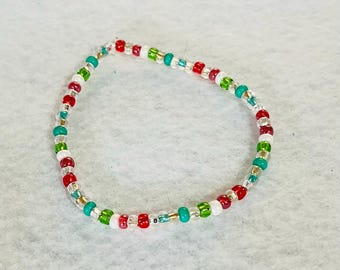 Bracelet de perles de rocaille de Noël | Bracelet élastique fait main (18 cm)