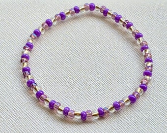 Purple and Gold Seed Bead Bracelet | Elastic Bracelet | Seed Beads | Purple | Gold