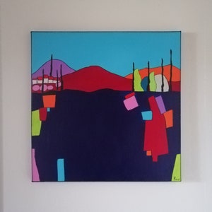 Painting, picture, landscape, trees, house, village, square, minimalist, modern, contemporary, design, multicolor, red, blue, green