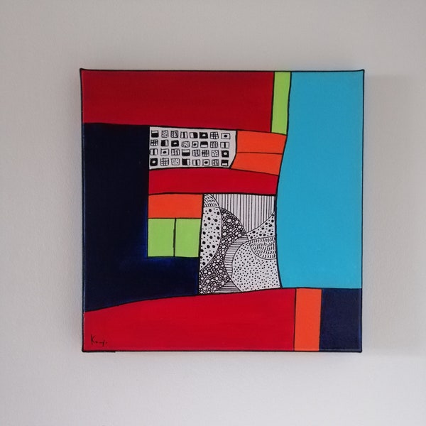 Tableau, peinture, toile, abstrait, carré, moderne, contemporain, design, rouge, bleu, vert, orange, géométrique, cubisme, motif