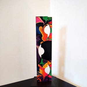 Sculpture, statue, wood, totem, abstract, modern, contemporary, geometric, pattern, cubist, design, black, multicolor, blue, red, green