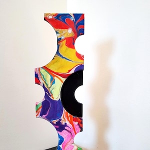 Sculpture, statue, wood, totem, abstract, modern, contemporary, geometric, pattern, cubist, design, black, multicolor, blue, red, green