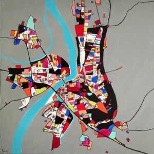 Tableau, peinture, carte, ville, plan, paysage, carré, moderne, contemporain, géométrique, multicolore, gris, bleu, rouge, orange, vert