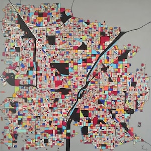 Tableau, peinture, carte, ville, plan, paysage, carré, moderne, contemporain, géométrique, multicolore, gris, bleu, rouge, orange, vert