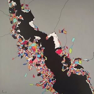 Tableau, peinture, carte, ville, plan, paysage, carré, moderne, contemporain, géométrique, multicolore, gris, bleu, rouge, orange, vert