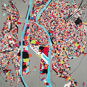 Tableau, peinture, carte, ville, plan, paysage, carré, moderne, contemporain, géométrique, multicolore, gris, bleu, rouge, orange, vert