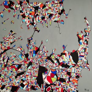 Tableau, peinture, carte, ville, plan, paysage, carré, moderne, contemporain, géométrique, multicolore, gris, bleu, rouge, orange, vert