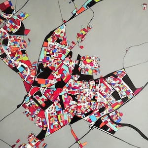 Tableau, peinture, carte, ville, plan, paysage, carré, moderne, contemporain, géométrique, multicolore, gris, bleu, rouge, orange, vert