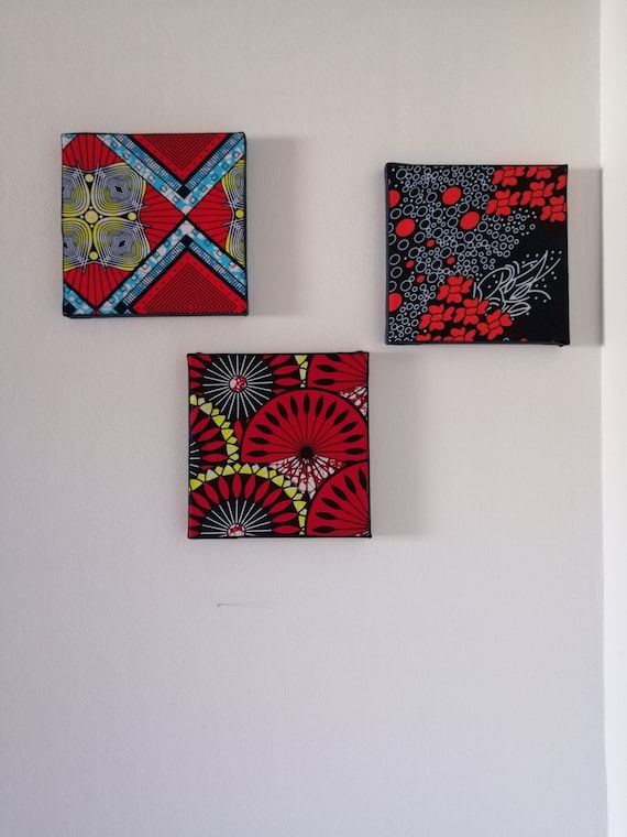 Set of 3 Paintings, Painting, Canvas, Abstract, Pattern, Geometric, Red,  Black, Square, Minimalist, Modern, Contemporary, Ethnic, Design 