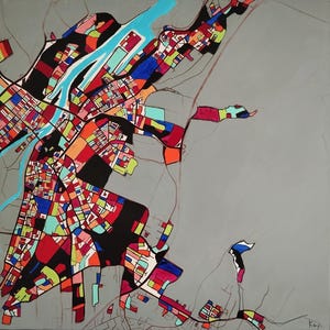 Tableau, peinture, carte, ville, plan, paysage, carré, moderne, contemporain, géométrique, multicolore, gris, bleu, rouge, orange, vert