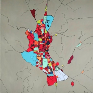 Pintura, cuadro, mapa, ciudad, plano, paisaje, cuadrado, moderno, contemporáneo, diseño, multicolor, gris, azul, rojo, naranja, verde