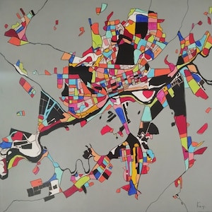 Tableau, peinture, carte, ville, plan, paysage, carré, moderne, contemporain, géométrique, multicolore, gris, bleu, rouge, orange, vert