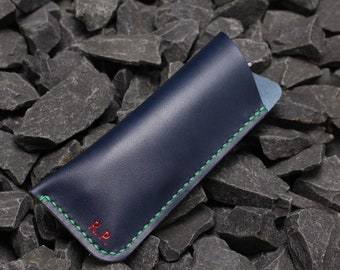 Glasses case / plug-in case / cover / case / mobile phone case Leather glasses case genuine leather, blue, size. L, XL, XXL, mobile phone seam according to your choice