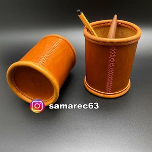 Pencil holder cup Pen cup leather mug natural brown made of genuine leather - Handmade