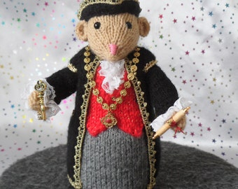 Hand knitted mouse , Dickensian Mouse Mayor figure with  chain , key and scroll.