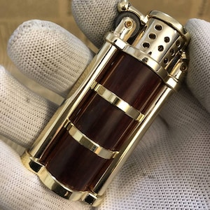 Handcrafted Ebony Wood Lighter | Vintage Brass Armor Case, Lightweight Rustic Petrol Lighter, Elegant Gift for Him
