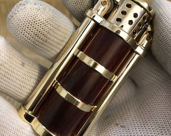 Handcrafted Ebony Wood Lighter: Vintage Brass Armor Case