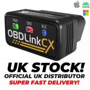 May include: Black OBDLink CX device with green, red, and blue indicator lights. The device has the text "PWR", "OBD", and "BLE" above the lights. The text "OBDLink CX" is printed in white and yellow.