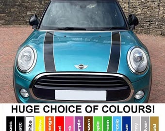 May include: A teal Mini Cooper with black racing stripes. The image displays a variety of color options, including gloss, matte, white, yellow, orange, red, pink, purple, brown, apple, green, arctic, blue, grey, silver, and gold. Text reads: HUGE CHOICE OF COLOURS!