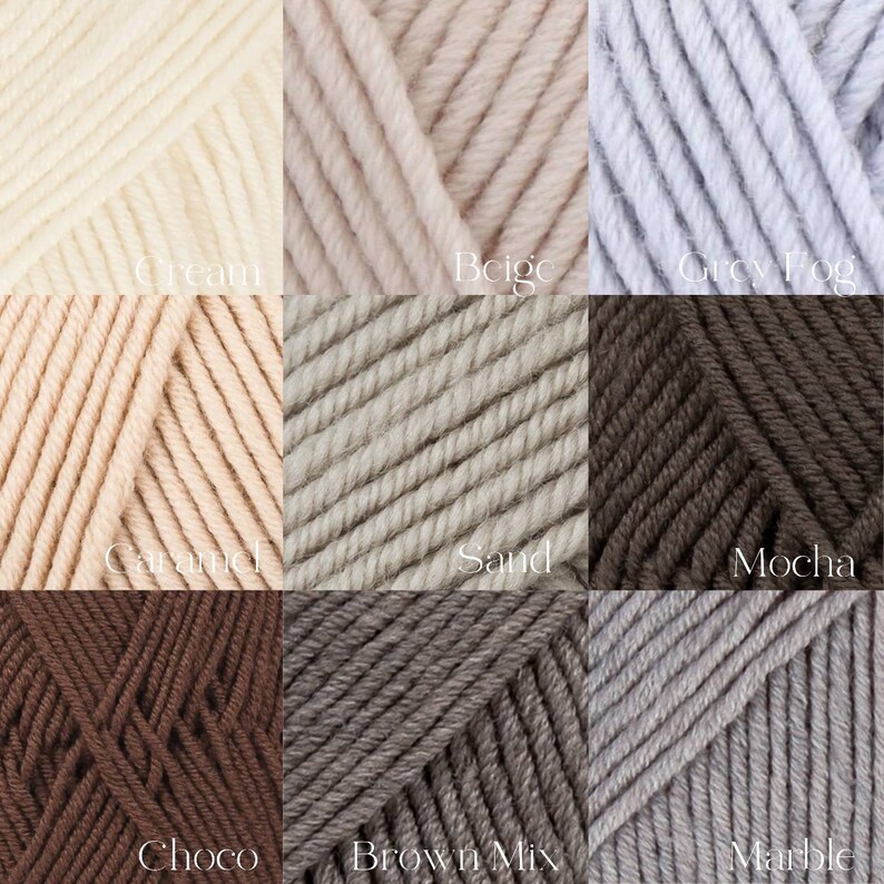 May include: Nine skeins of yarn in various neutral colors. Colors include cream, beige, grey fog, caramel, sand, mocha, choco, brown mix, and marble. Each skein is labeled with its color name.