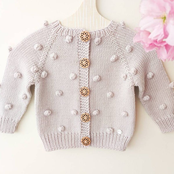 Hand knitted merino wool cardigan BOBBLE - Popcorn cardigan - Baby girl - Newborn cardigan - Baby gift - Made to order