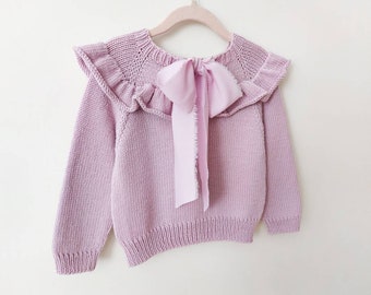 Merino wool sweater - silk ribbon - bow sweater - baby girl sweater - hand knitted sweater