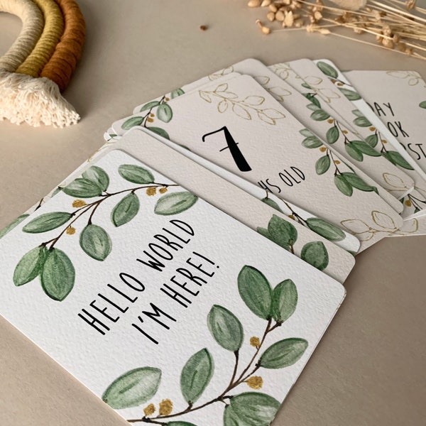 x24 Baby Milestone Cards - Unisex, Eucalyptus, Baby gift, Baby shower, Foliage, Green Leaves & Gold