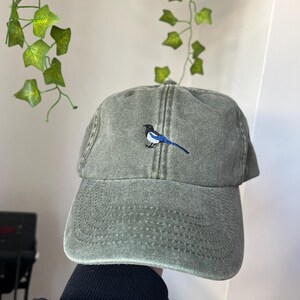 May include: A green, distressed, cotton baseball cap with an embroidered blue and black bird on the front.