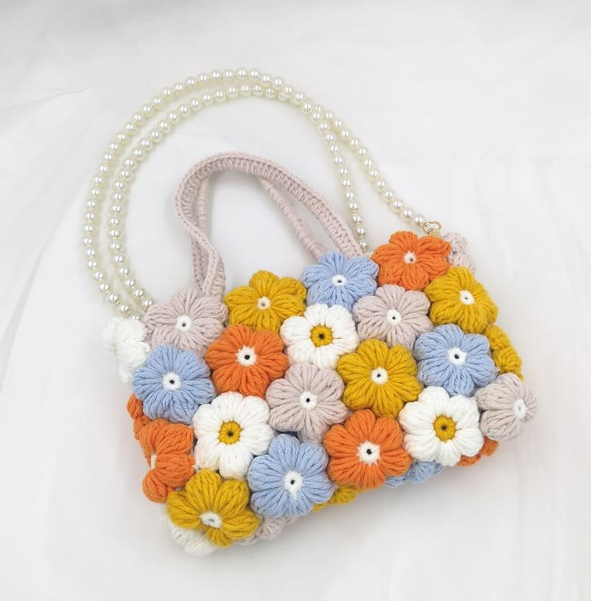 Diy Crochet Petal Puffs Bag With Acrylic Pearl Chain | Etsy