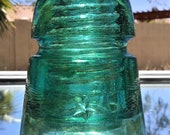 Unaltered Vintage Glass Insulator, CD 145.2 Star Embossed, Pointed Star Green Aqua Glass Insulator, Glass Insulator With Amber Swirls