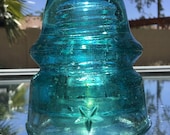 Unaltered Vintage Glass Insulator, CD 162.3 Star Embossed, Signal Type Blue Glass Insulator, Authentic Glass Insulator With Amber At Skirt
